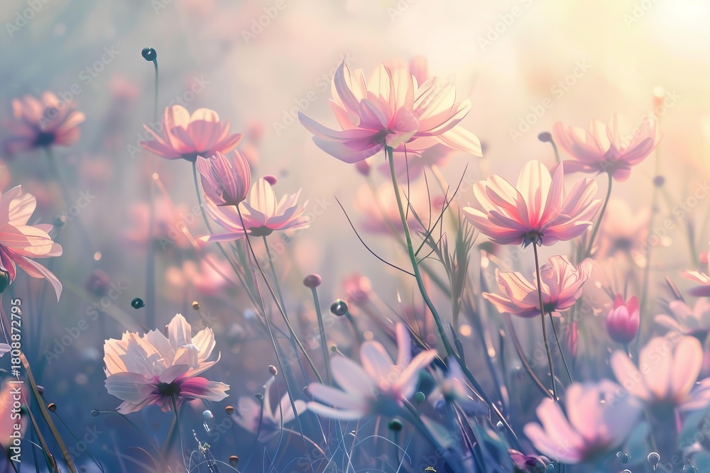 Fototapeta premium Beautiful pink cosmos flowers blooming in a field under soft sunlight, creating a dreamy and romantic atmosphere