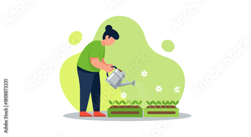 A person waters plants in a garden, with a green background, symbolizing growth, care, and the nurturing of life and nature.