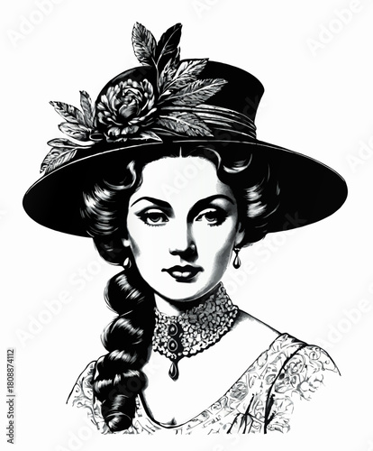 lady with hat vintage sketch portrait vector illustration