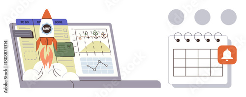 Rocket launching from a laptop screen with charts, task board, and MVP badge, paired with a calendar icon. Ideal for project management, startup planning, motivation, workflow, organization