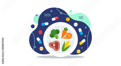 A colorful illustration depicting a balanced diet with vegetables, meat, and pills, promoting healthy eating and wellness for a vibrant lifestyle.