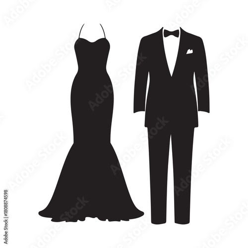 Elegant formal wear attire isolated on featuring a gown and a tuxedo silhouette