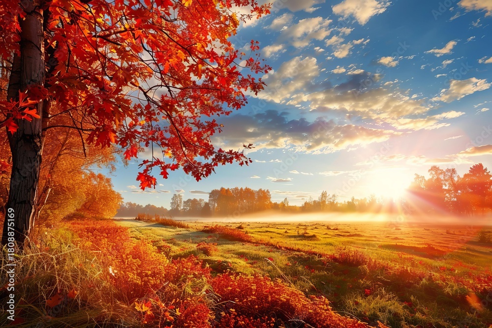 Obraz premium Scenic autumn landscape at sunrise with colorful foliage, fog, and sunbeams creating a magical atmosphere