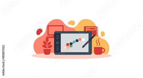 An illustration showcasing a graphic designer's workspace featuring a tablet, computer, coffee, and abstract shapes, perfect for creative projects.