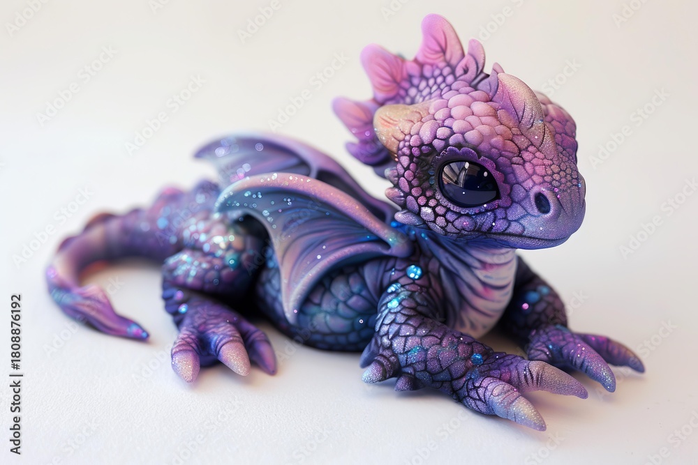 Fototapeta premium Studio shot of a small, handcrafted purple fantasy dragon figurine resting on a white surface