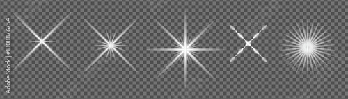Set of five diverse light effects, lens flares, and starburst elements with glowing rays and sparkling highlights, ideal for overlays and transparent backgrounds in graphic design projects