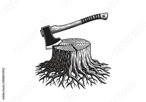 Engraved axe stuck in a tree stump isolated on with roots exposed