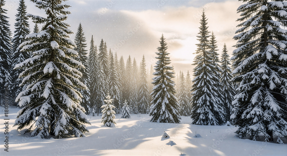 Naklejka premium Snow covered evergreen trees in winter forest landscape under sunlight