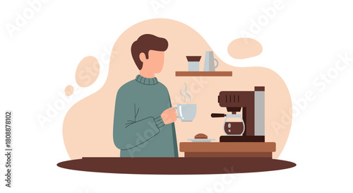 An illustration depicts a person enjoying a cup of coffee brewed by a modern coffee maker, creating a cozy morning scene.