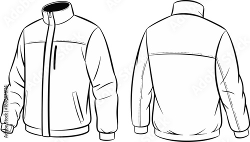 Detailed vector illustration of front and back jacket design featuring zipper closure, pockets, stitched panels, cuff details, and technical outerwear construction lines