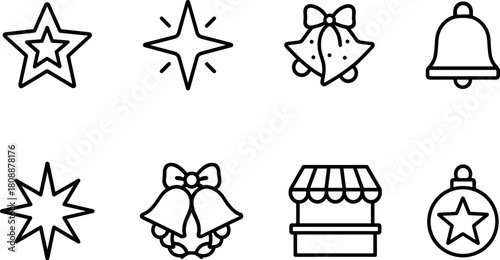 Vintage Christmas toys and gifts icons set. Rocking horse, nutcracker, teddy bear, decorations. Outline vector illustrations
