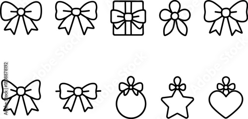Vintage Christmas toys and gifts icons set. Rocking horse, nutcracker, teddy bear, decorations. Outline vector illustrations