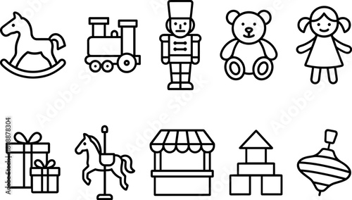 Vintage Christmas toys and gifts icons set. Rocking horse, nutcracker, teddy bear, decorations. Outline vector illustrations