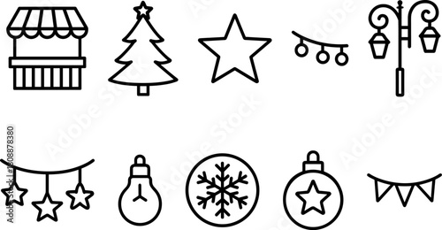 Vintage Christmas toys and gifts icons set. Rocking horse, nutcracker, teddy bear, decorations. Outline vector illustrations