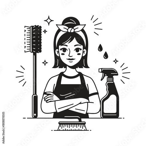 Cleaning lady isolated on with cleaning tools and crossed arms is ready to clean