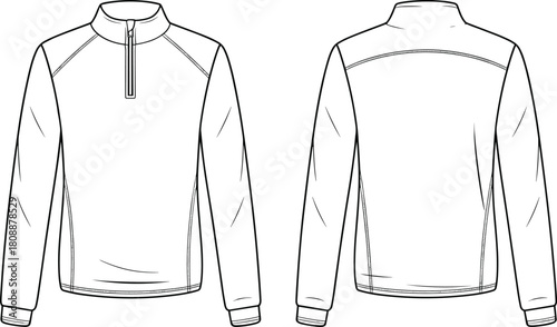 Technical flat sketch vector of long-sleeve half-zip pullover featuring high collar, clean seam details, athletic design, and modern performance apparel silhouette