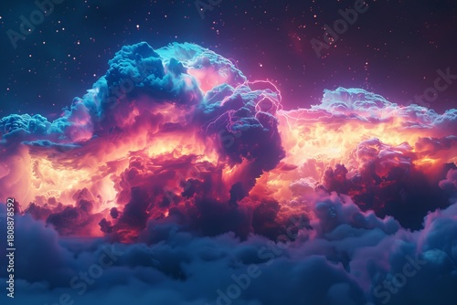 Vivid lightning illuminates colorful clouds in a dramatic night sky, creating a breathtaking spectacle of nature's power