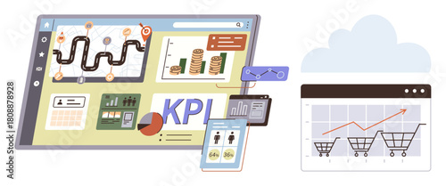 Interactive dashboard showcasing KPIs, graphs, financial growth bars, pie charts, workflow, and shopping cart trends. Ideal for analytics, performance, commerce strategy finance planning