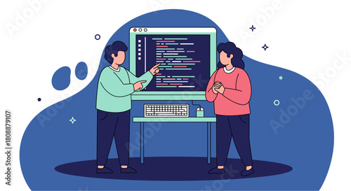 Two individuals, a man and a woman, collaborate on a coding project, pointing at a computer screen displaying lines of code.