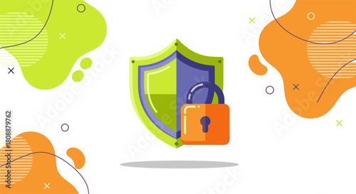 A vibrant illustration showcases a shield and padlock, symbolizing security, protection, and data privacy against potential cyber threats in a digital world.
