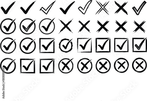 Hand drawn check marks and crosses in various shapes