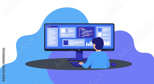 An individual sits before a large computer display, immersed in the digital world, possibly coding or analyzing data in a modern workspace.