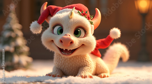 A cheerful cartoon dragon wearing a Santa hat and a festive garland, set in a snowy winter wonderland.