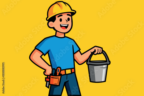 Smilling Young Male Builder Construction Worker with Bucket and Tools on Bright Yellow Background