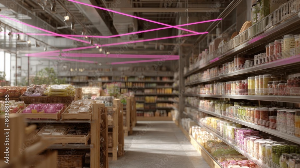 Fototapeta premium The interior of a grocery store. the store has a high ceiling with exposed beams and large windows that let in natural light.
