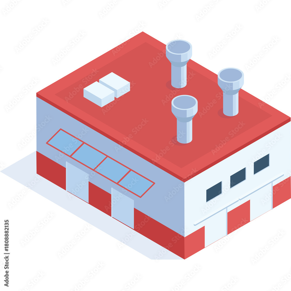 Fototapeta premium Isometric Red Roof Industrial Building With Three Chimneys And Blue Windows On A White Background