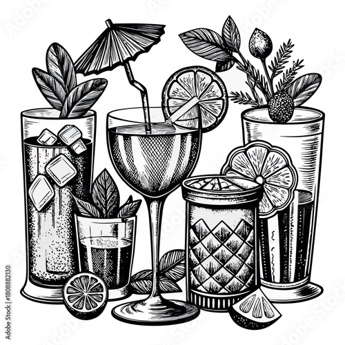 Hand-Drawn Cocktail and Beverage Glasses Illustration