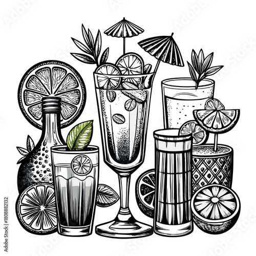 Hand-Drawn Cocktail and Beverage Glasses Illustration