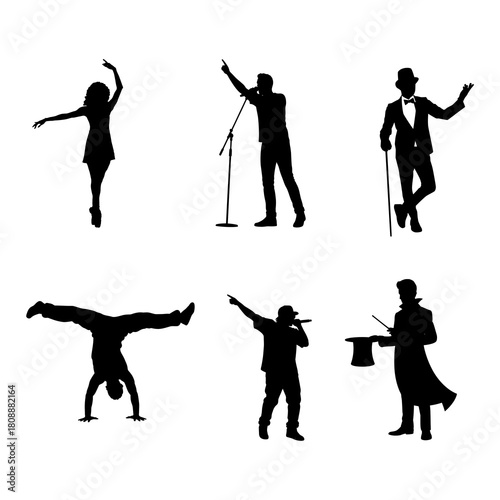 Collection of diverse performers silhouettes on white background