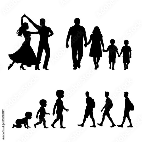 Silhouettes of people showing family life stages and activities