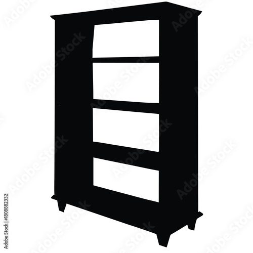 Silhouette of Wooden Bookcase with Door and Shelves for Storage of Books on White