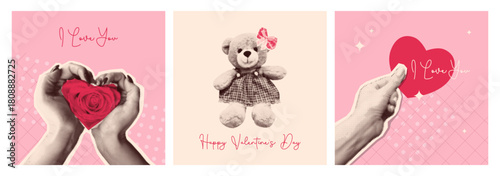 Halftone Valentine day collage with hands holding heart shaped rose, teddy bear toy in dress and pink bow, romantic gesture illustrations. Love typography with sparkles for greeting cards or posters.