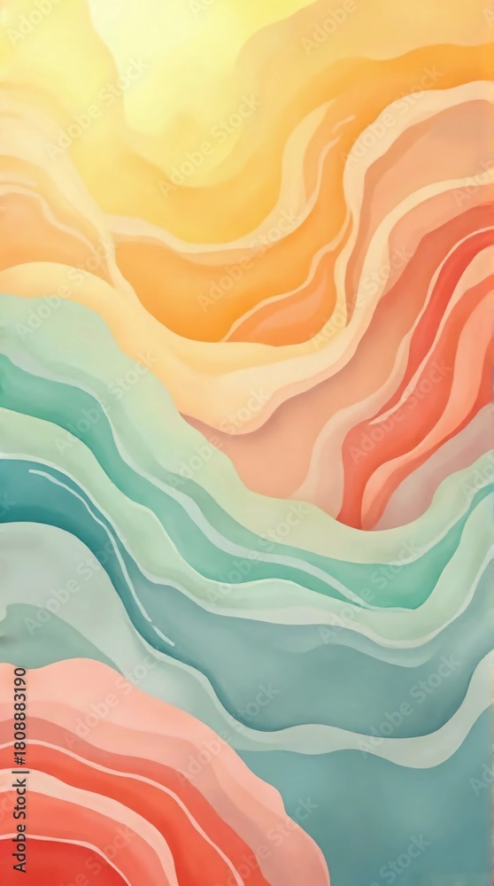 Obraz premium A serene abstract background of flowing, wavy shapes in soft pastel watercolor tones of yellow, orange, teal, and coral.
