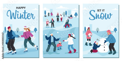 Winter activities cards. People are walking, building a snowman, having a snowball fight, tubing, and ice skating. Flat cartoon vector illustration.