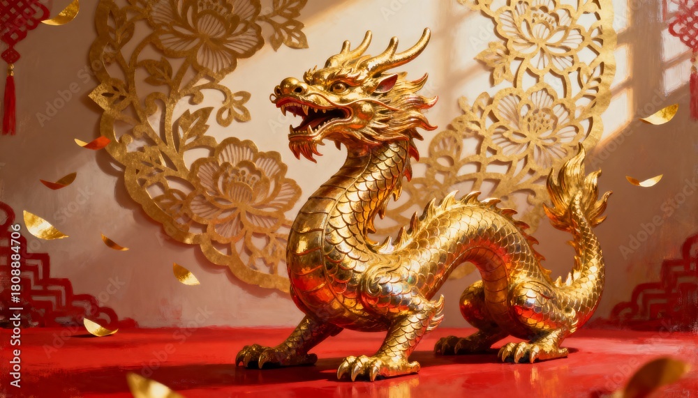 Fototapeta premium Luxurious Chinese Dragon Figurine on Red Lunar New Year Setup
