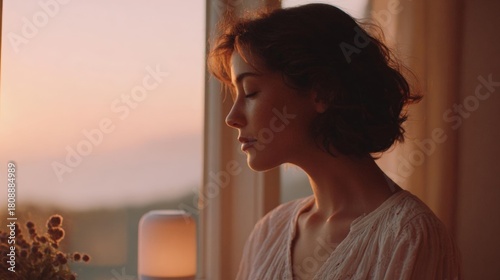 Young woman standing in front of a window, with her eyes closed and her head tilted back. she is wearing a white blouse and her hair is styled in loose curls.