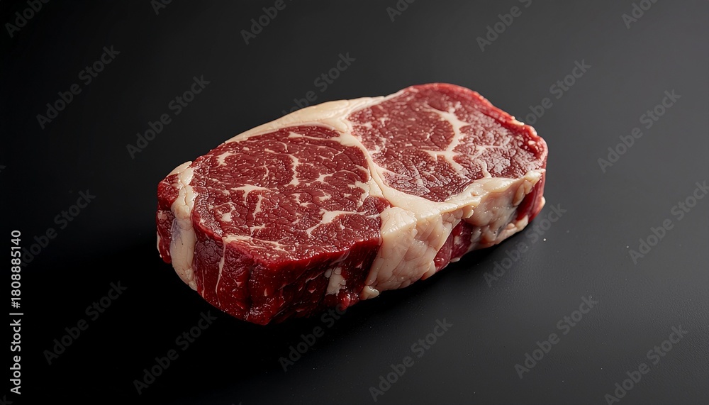 Fototapeta premium Italian bistecca steak displayed on a matte black background, commercial packaging photography