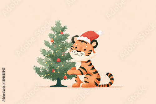 Cute tiger wearing Santa hat decorating Christmas tree with colorful ornaments and festive spirit
