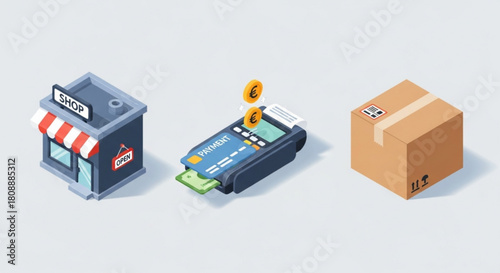 Isometric store shop online payment pos terminal delivery box purchase retail business transaction 100