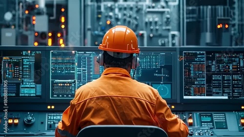 A man in an orange hard hat sitting at a control panel in a factory