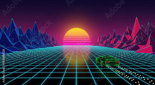 Retro synthwave car driving on neon grid landscape with sunset and mountains illustration design