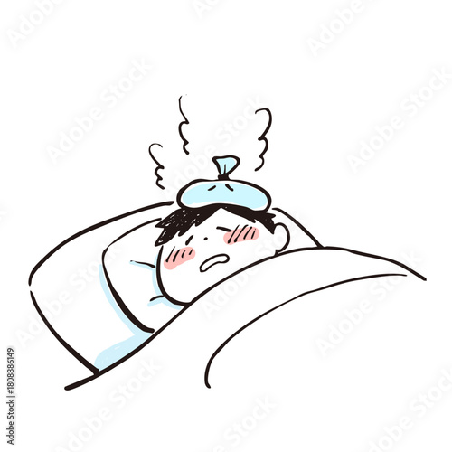 発熱で寝込んでいる人のイラスト