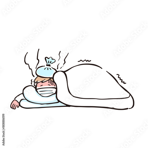 発熱で寝込んでいる人のイラスト