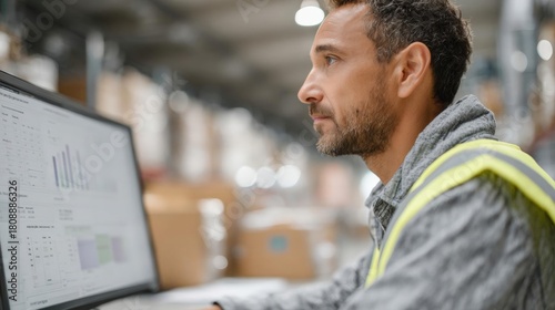 Man in a warehouse, wearing a grey hoodie and a yellow high visibility vest. he is sitting in front of a computer monitor and appears to be working on a project.