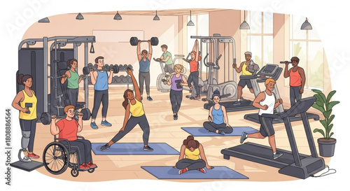 Gym fitness workout diverse people training exercise weightlifting cardio strength yoga inclusive lifestyle healthy 100