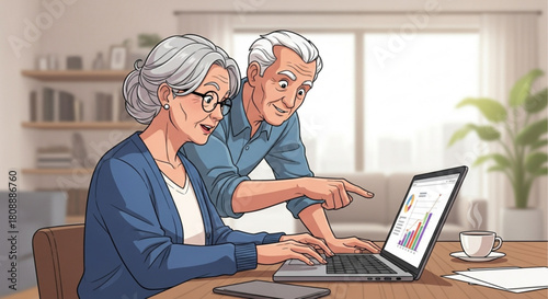 Senior couple planning retirement investments online using laptop analyzing financial data and charts at home